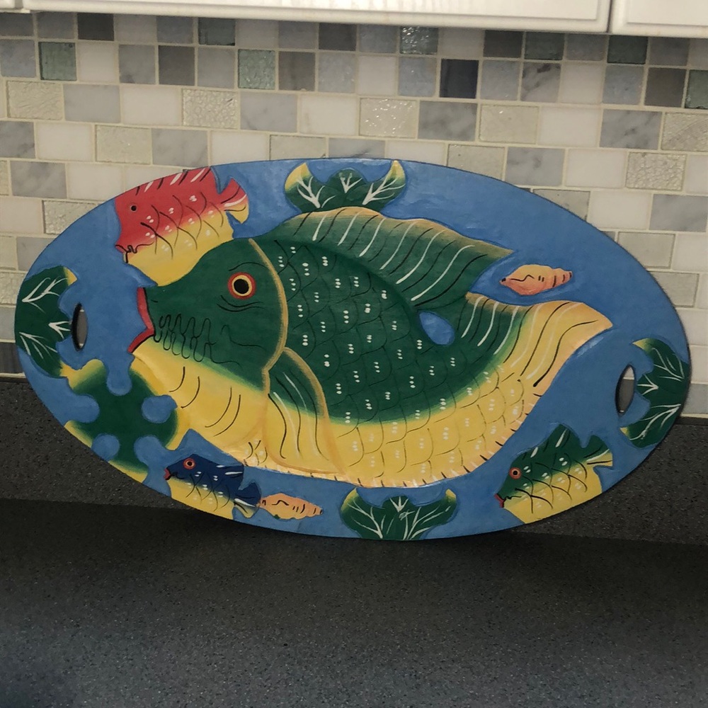 Bali 1998 Fish 🐠 Wooden Hand Painted 🎨 Platter Decor 🐟